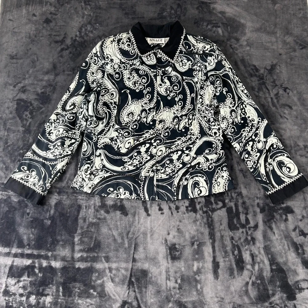 Anage Zip‎ Front Jacket Womens Large Black White Paisley Beaded Floral Lining